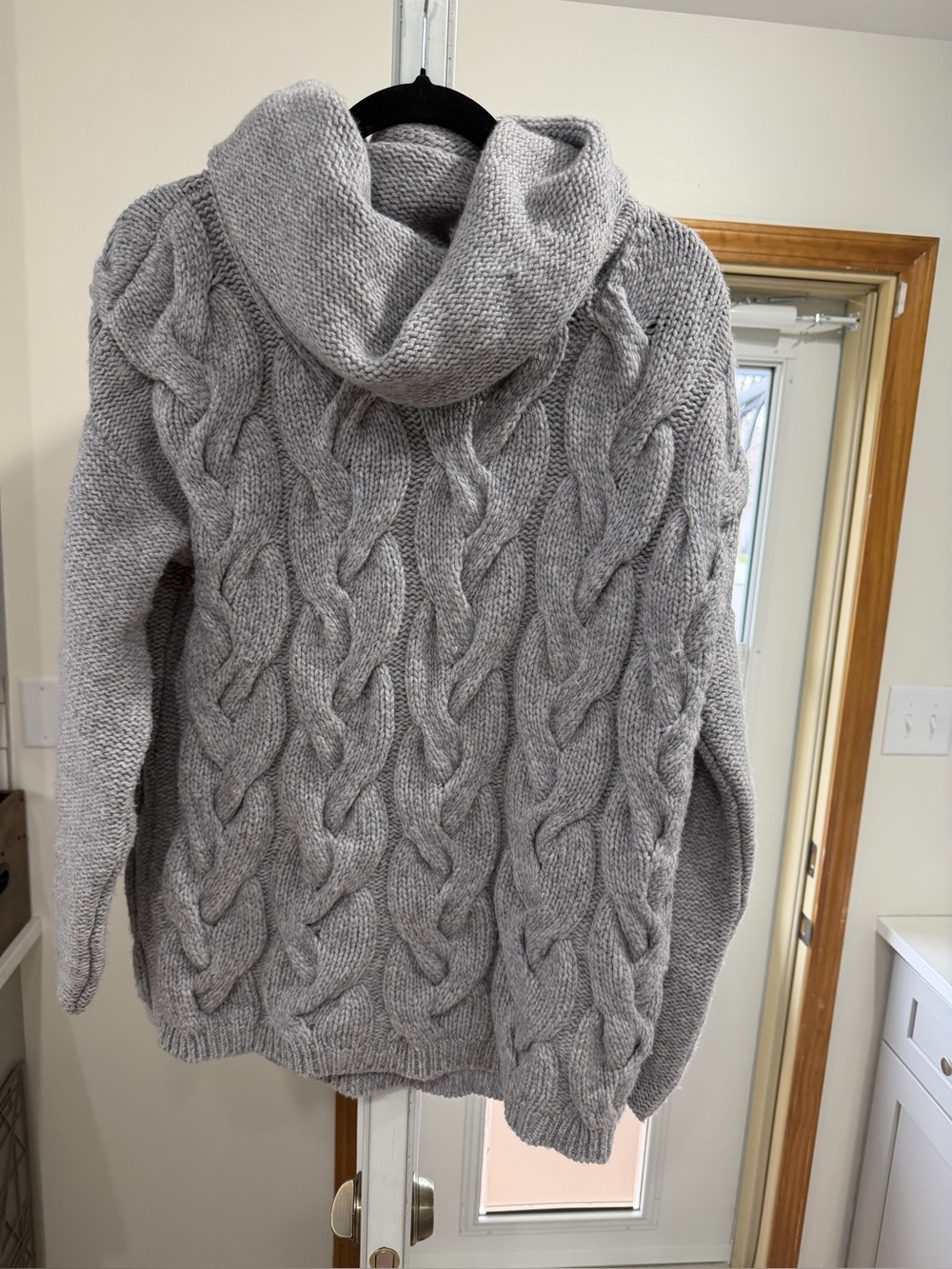 Women's Light Gray Cable Cowl-Neck Sweater